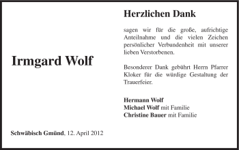 Traueranzeige von Irmgard Wolf von Gmünder Tagespost