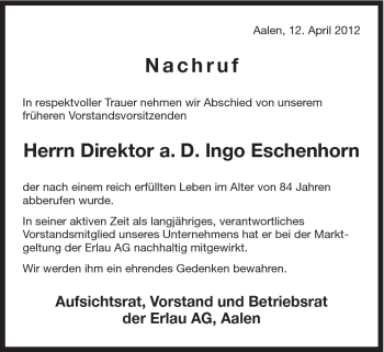 Traueranzeige von Ingo Eschenborn von Schwäbische Post