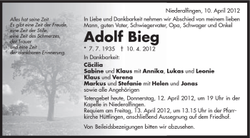 Traueranzeige von Adolf Bieg von Schwäbische Post