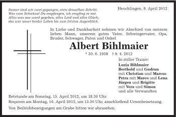 Traueranzeige von Albert Bihlmaier von Gmünder Tagespost