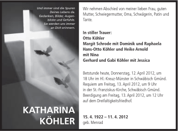 Traueranzeige von Katharina Köhler von Gmünder Tagespost