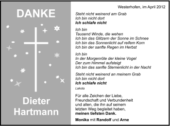 Traueranzeige von Dieter Hartmann von Schwäbische Post
