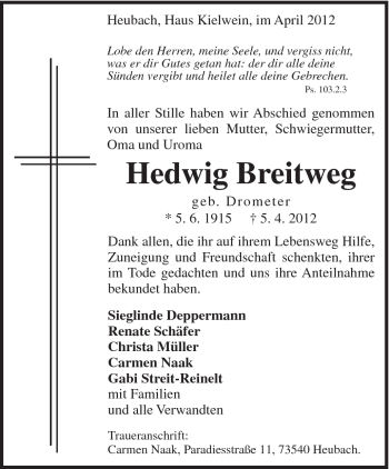 Traueranzeige von Hedwig Breitweg von Gmünder Tagespost