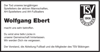 Traueranzeige von Wolfgang Ebert von Gmünder Tagespost