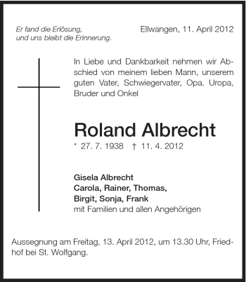 Traueranzeige von Roland Albrecht von Schwäbische Post