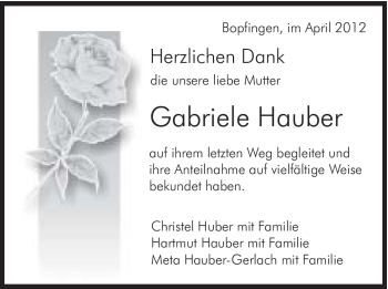 Traueranzeige von Gabriele Hauber von Schwäbische Post