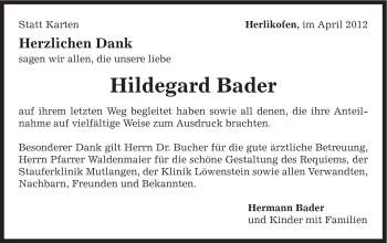 Traueranzeige von Hildegard Bader von Gmünder Tagespost