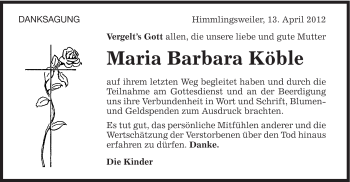 Traueranzeige von Maria Köble von Schwäbische Post
