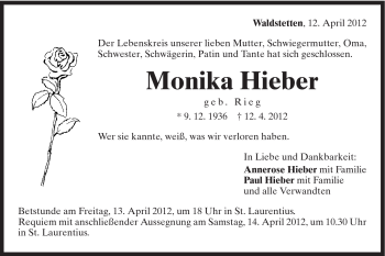 Traueranzeige von Monika Hieber von Gmünder Tagespost