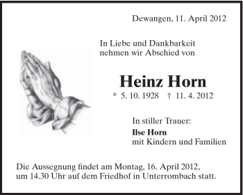 Traueranzeige von Horn Heinz von Schwäbische Post