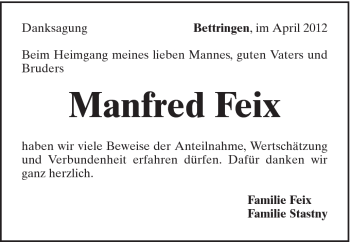 Traueranzeige von Manfred Feix von Gmünder Tagespost