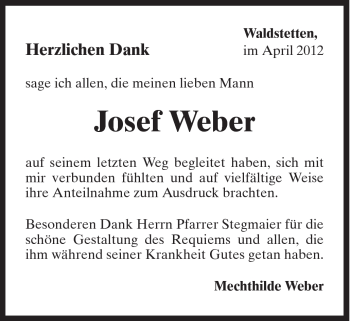 Traueranzeige von Josef Weber von Gmünder Tagespost
