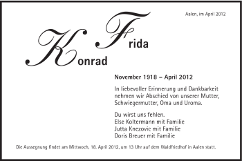 Traueranzeige von Frida Konrad von Schwäbische Post