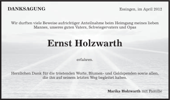 Traueranzeige von Ernst Holzwarth von Schwäbische Post