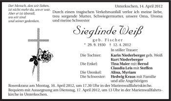 Traueranzeige von Sieglinde Weiß von Schwäbische Post