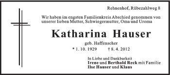 Traueranzeige von Katharina Hauser von Gmünder Tagespost