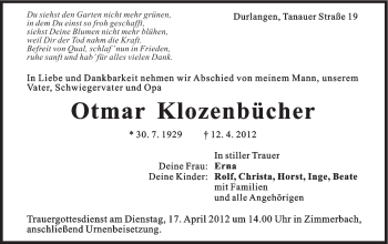 Traueranzeige von Otmar Klozenbücher von Gmünder Tagespost