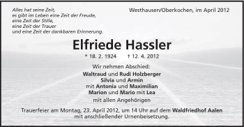 Traueranzeige von Elfriede Hassler von Schwäbische Post