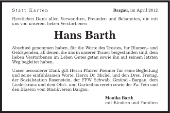 Traueranzeige von Hans Barth von Gmünder Tagespost