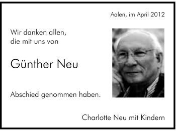 Traueranzeige von Günther Neu von Schwäbische Post