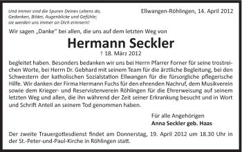 Traueranzeige von Hermann Seckler von Schwäbische Post