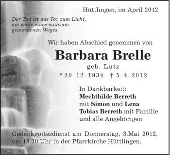 Traueranzeige von Barbara Brelle von Schwäbische Post