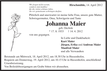 Traueranzeige von Johanna Maier von Gmünder Tagespost