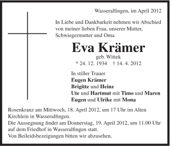 Traueranzeige von Eva Krämer von Schwäbische Post