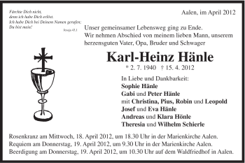 Traueranzeige von Karl-Heinz Hänle von Schwäbische Post