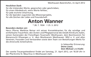 Traueranzeige von Anton Wanner von Schwäbische Post