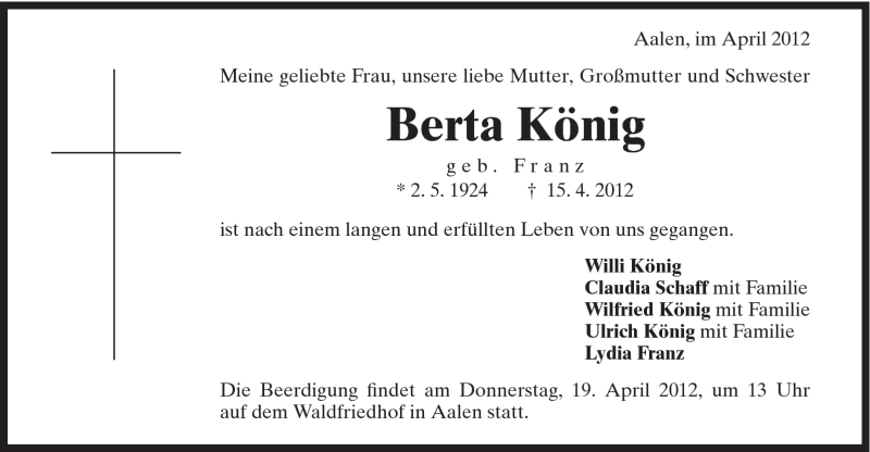  Traueranzeige für Berta König vom 17.04.2012 aus Schwäbische Post