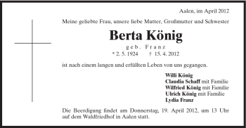 Traueranzeige von Berta König von Schwäbische Post