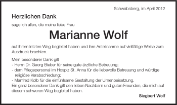 Traueranzeige von Marianne Wolf von Schwäbische Post