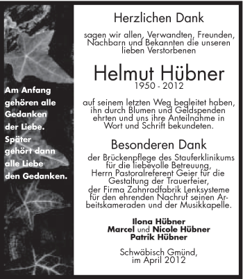 Traueranzeige von Helmut Hübner von Gmünder Tagespost