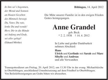 Traueranzeige von Anne Grandel von Gmünder Tagespost