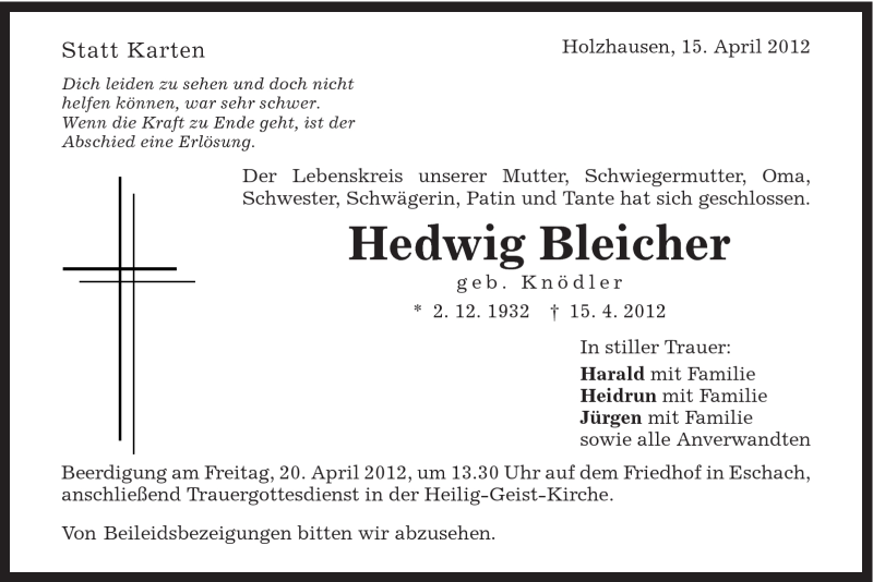  Traueranzeige für Hedwig Bleicher vom 17.04.2012 aus Gmünder Tagespost