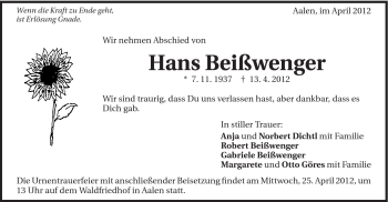 Traueranzeige von Hans Beißwenger von Schwäbische Post