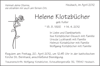 Traueranzeige von Helene Klotzbücher von Gmünder Tagespost