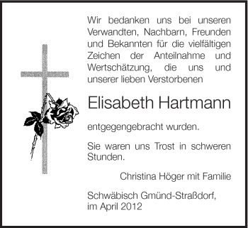 Traueranzeige von Elisabeth Hartmann von Gmünder Tagespost