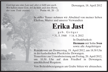 Traueranzeige von Erika Jast von Schwäbische Post