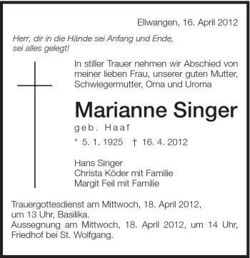 Traueranzeige von Marianne Singer von Schwäbische Post