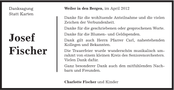 Traueranzeige von Josef Anton Fischer von Gmünder Tagespost
