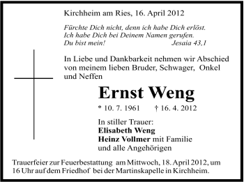 Traueranzeige von Ernst Weng von Schwäbische Post