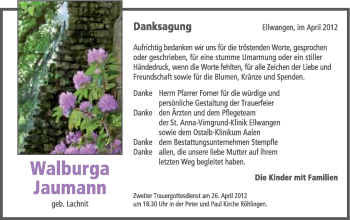 Traueranzeige von Walburga Jaumann von Schwäbische Post