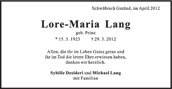 Traueranzeige von Lore-Maria Lang von Gmünder Tagespost