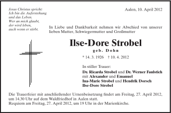 Traueranzeige von Ilse-Dore Strobel von Schwäbische Post