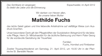 Traueranzeige von Mathilde Fuchs von Schwäbische Post
