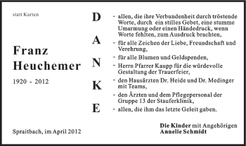 Traueranzeige von Franz Heuchemer von Gmünder Tagespost