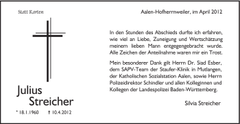 Traueranzeige von Julius Streicher von Schwäbische Post