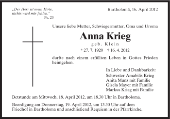 Traueranzeige von Anna Krieg von Gmünder Tagespost